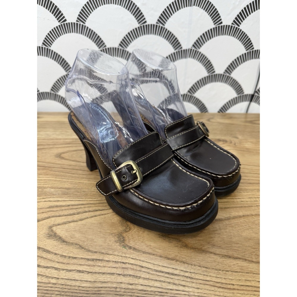 Mudd Brown Platform Clogs Heeled Buckle Mules Size 7.5M Chunky Heel Y2K Shoes
